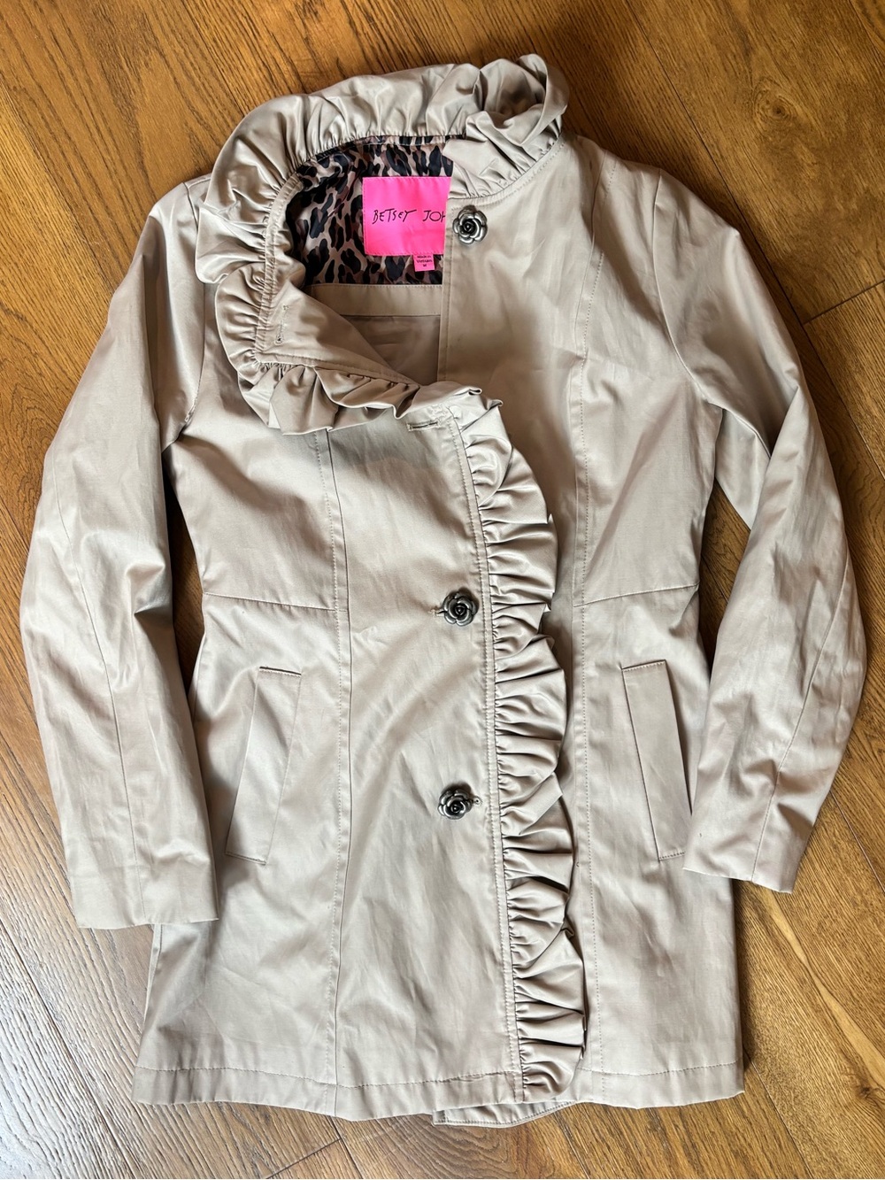 Betsey Johnson Beige Ruffle-Trim Trench Coat